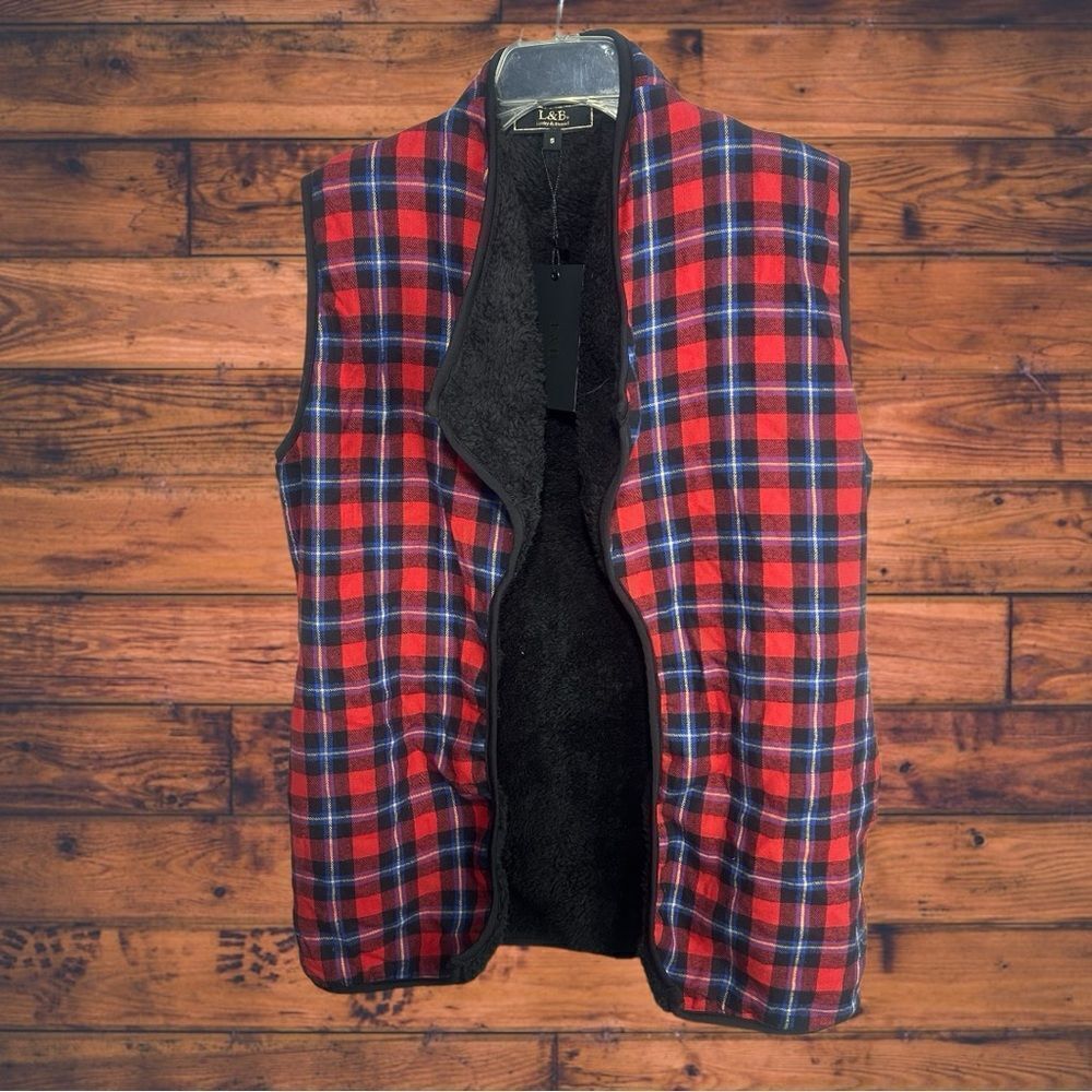 5 for $25🔥L&B Lucky & Blessed New Open Front Red Plaid Sherpa Lined Vest Small